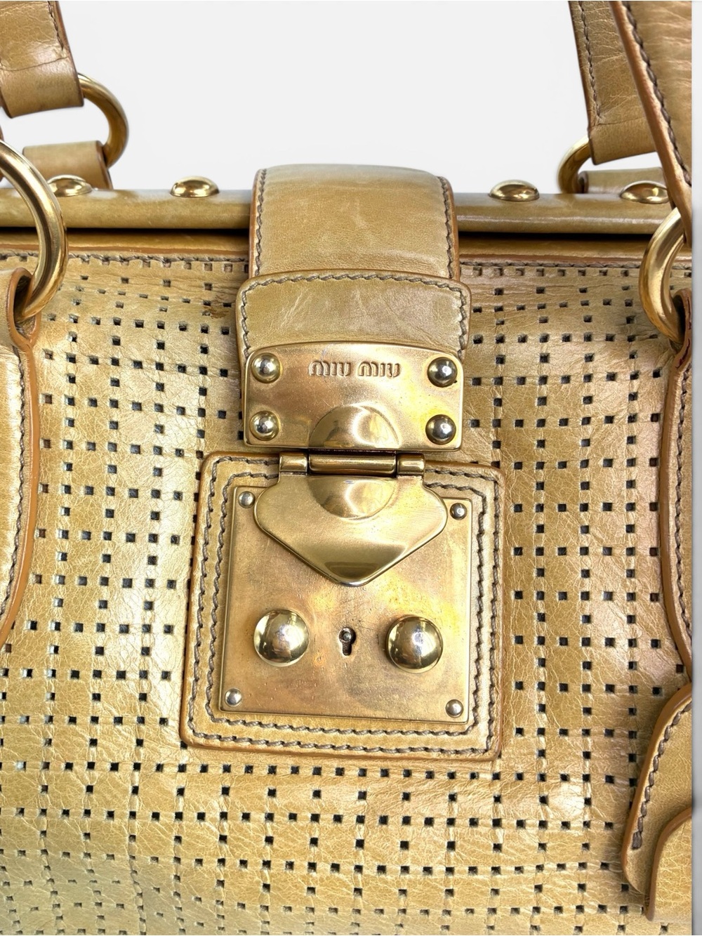 Miu Miu Perforated Gold-Tan Leather Satchel - Picture 8 of 12